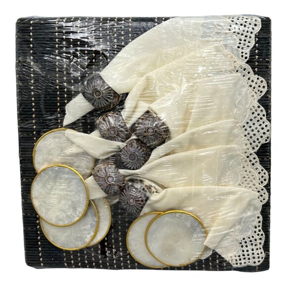 24 Pc Capiz Coasters Rattan Placemats Cowrie Shell Napkin Rings Lace Napkins Set - Picture 1 of 10